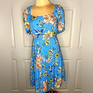 Japna Boho Floral Dress – Light Blue, Size Large, 100% Rayon, Spring Summer